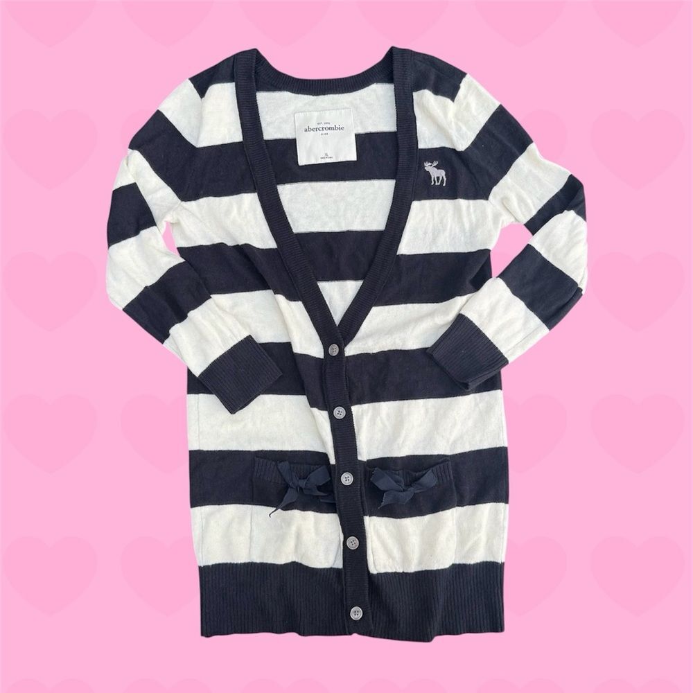 Abercrombie Kids Navy & White Striped Bow Cardigan Girls XL Y2K Vintage - Picture 2 of 8